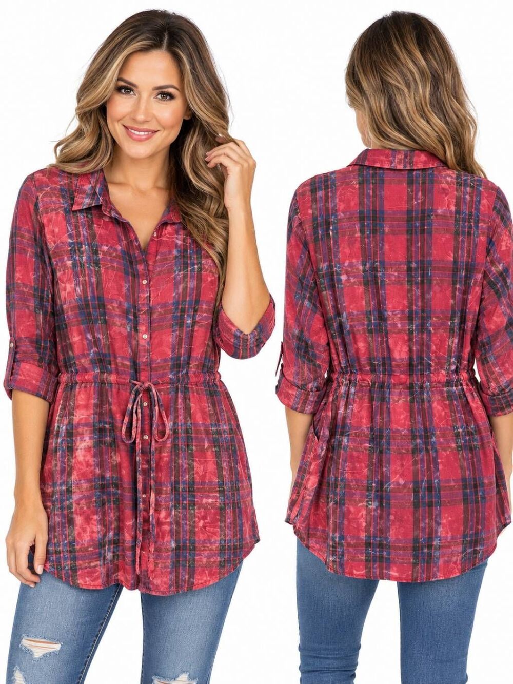 Maurices Plaid Tie Waist Tunic Shirt Women 1x